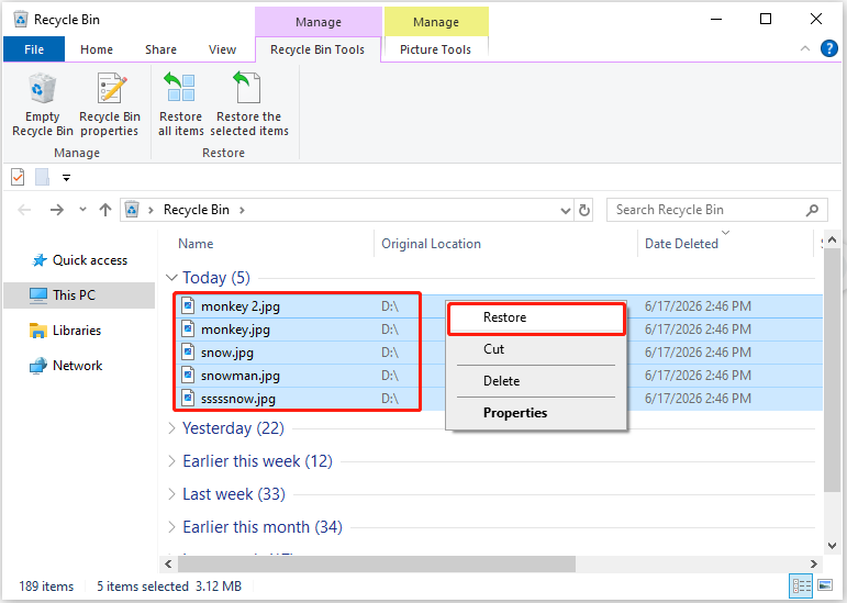 Recycle Bin interface showing selected files ready to be restored.
