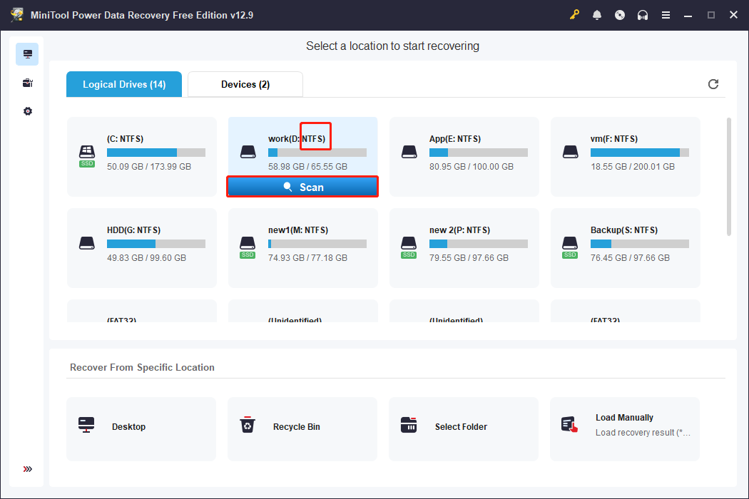 MiniTool Power Data Recovery main interface showing the NTFS partition to be scanned.