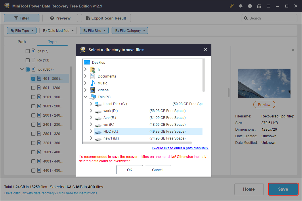 MiniTool Power Data Recovery interface showing the file saving window, with several storage paths.