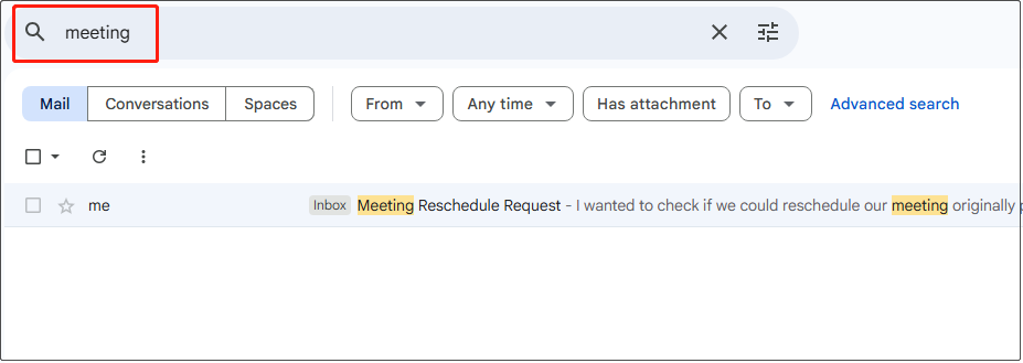 Gmail search box showing results for the keyword meeting.