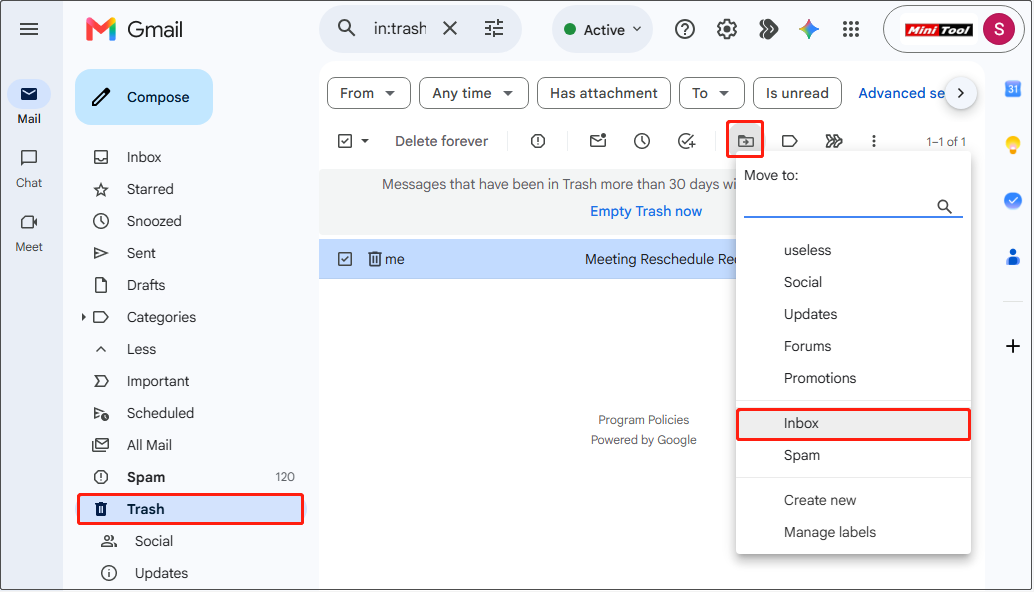 Gmail Trash folder showing how to move an email back to Inbox using the Move to button.