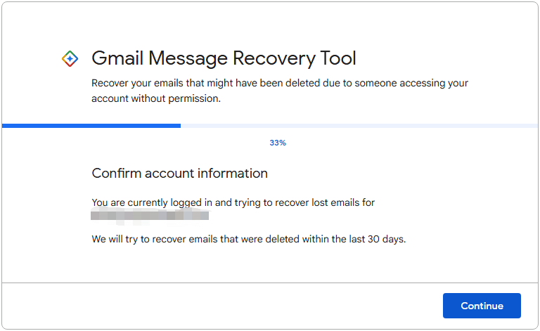 Gmail Message Recovery Tool interface asking for account information confirmation.