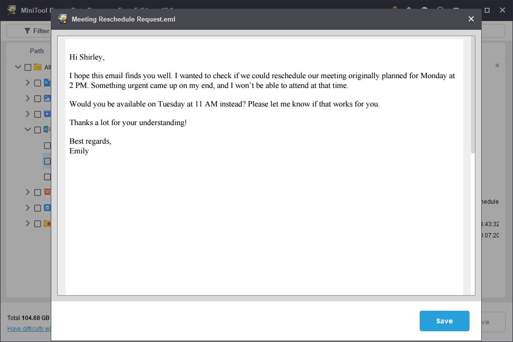 MiniTool Power Data Recovery file preview window showing the email content.
