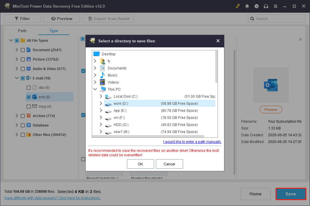 MiniTool Power Data Recovery file saving interface showing available storage paths.