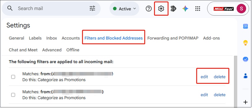 Filters and Blocked Addresses interface in Gmail showing how to edit or delete active filters.