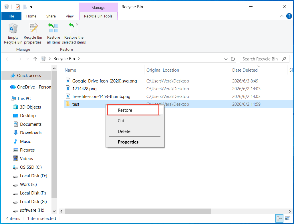 The Recycle Bin window in File Explorer with Restore selected for a deleted folder.