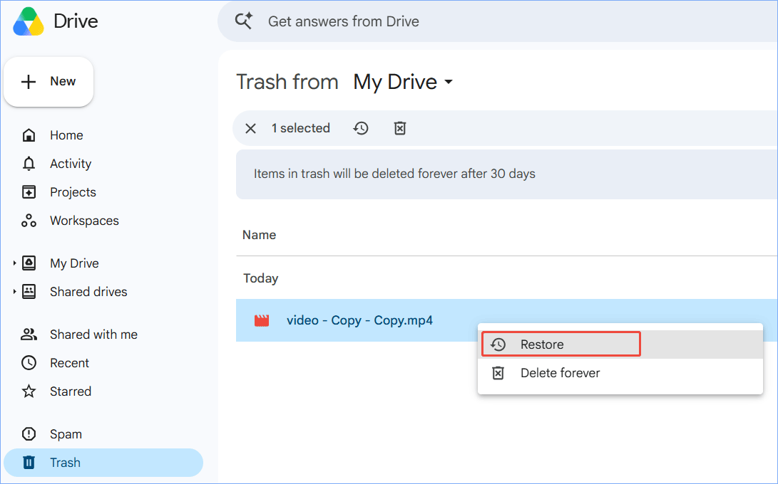 Google Trash recovery of deleted files within 30 days.