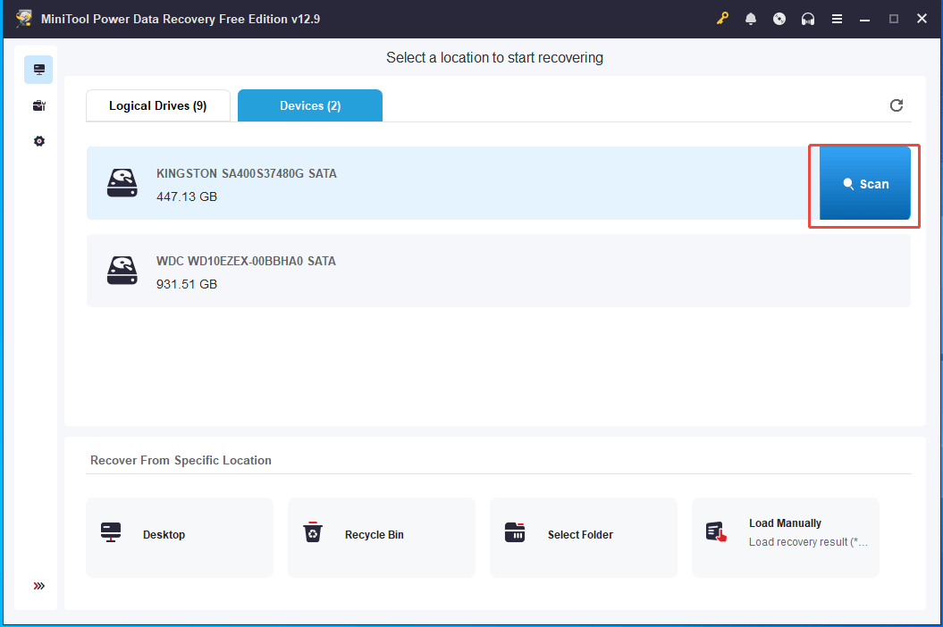 The Devices tab in MiniTool Power Data Recovery with the Scan button selected.