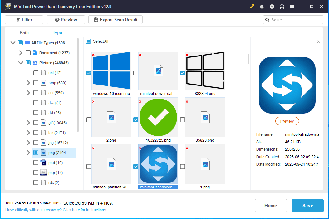 The Type tab in MiniTool Power Data Recovery to choose items for file recovery.