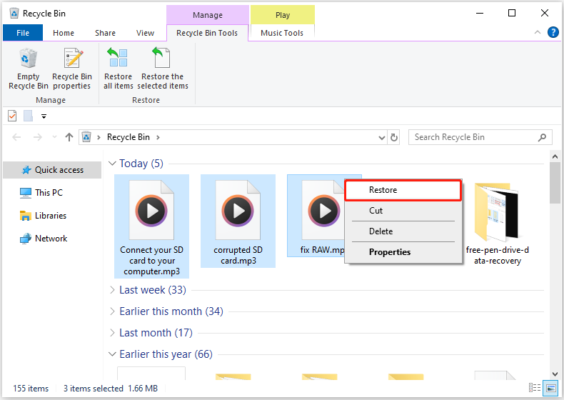 Recycle Bin interface displaying multiple deleted MP3 files, with the Restore option highlighted in the context menu.