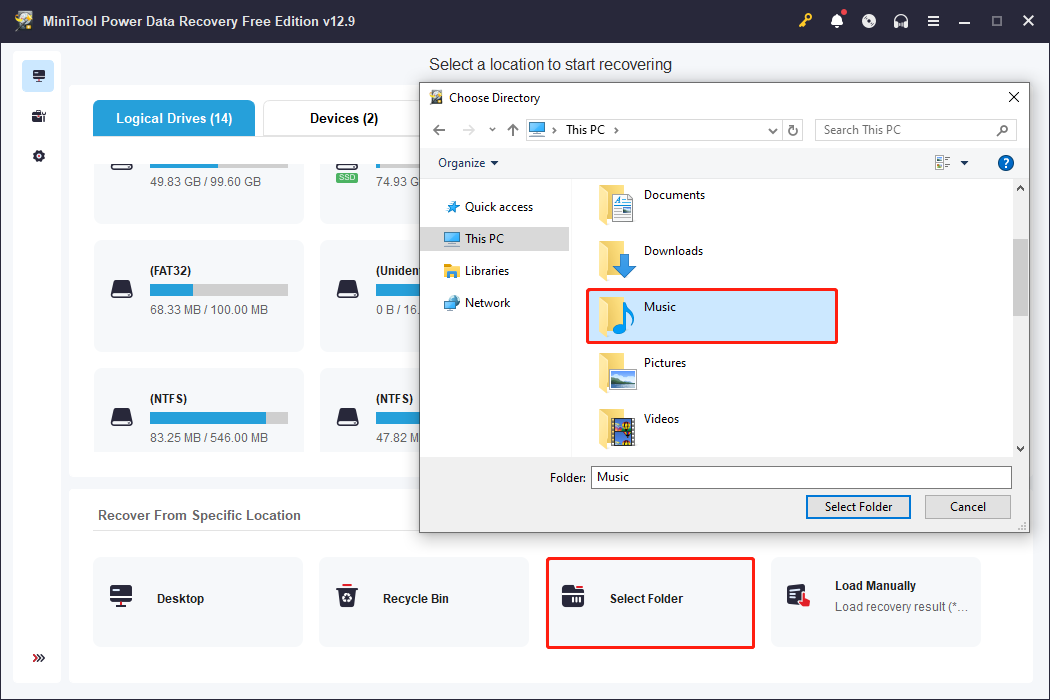 MiniTool Power Data Recovery main interface showing how to scan the Music folder.
