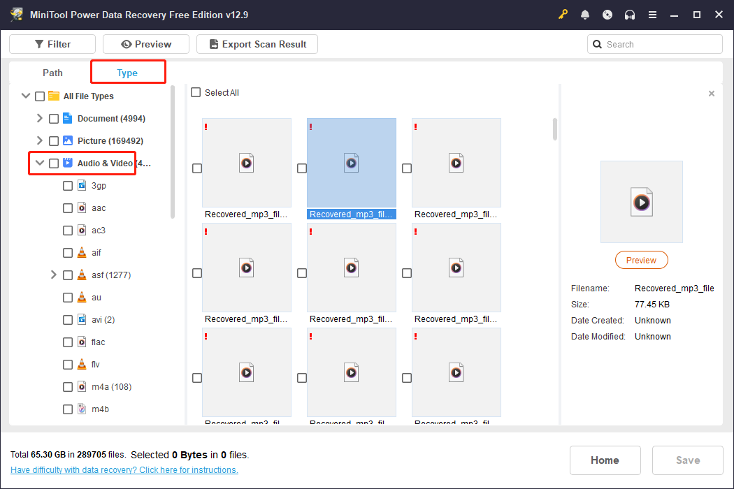 MiniTool Power Data Recovery file scan results interface showing several MP3 audio files.