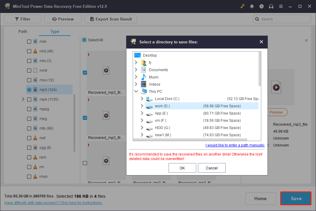 MiniTool Power Data Recovery file saving window showing the highlighted Save button and storage paths.