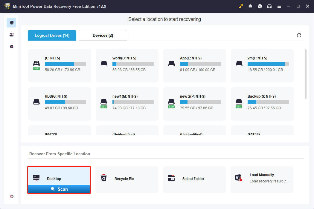 MiniTool Power Data Recovery main interface showing scan options, including partitions and specific locations.