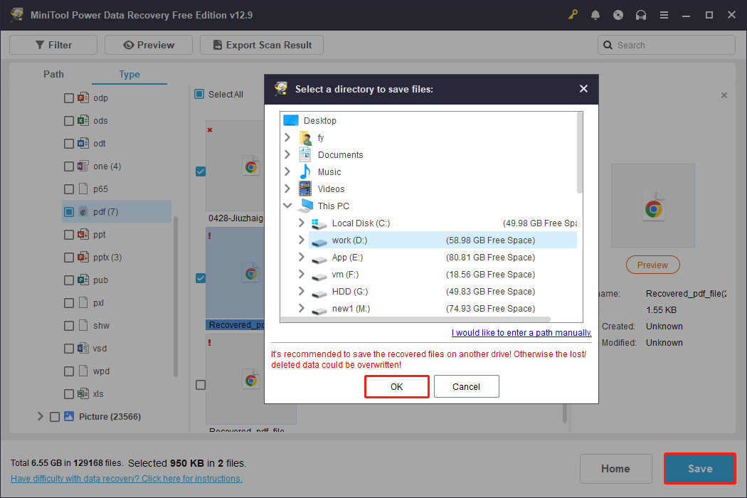MiniTool Power Data Recovery interface showing the Save button and file storage paths.