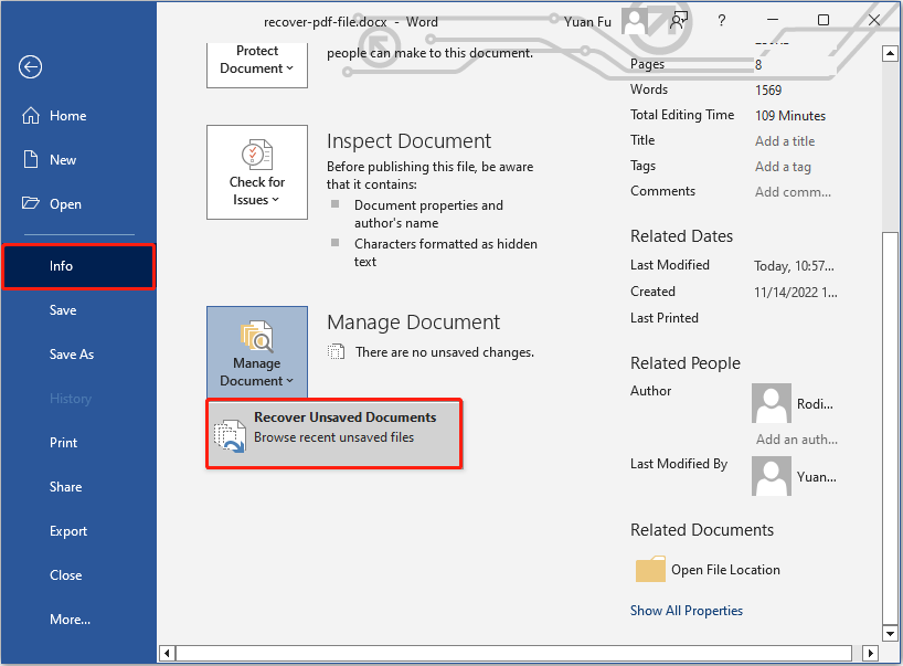Word interface showing the Info tab and the Recover Unsaved Documents option.