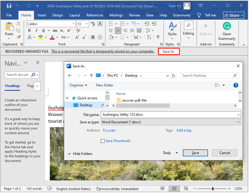 Word interface showing the autosave file ready to be saved.