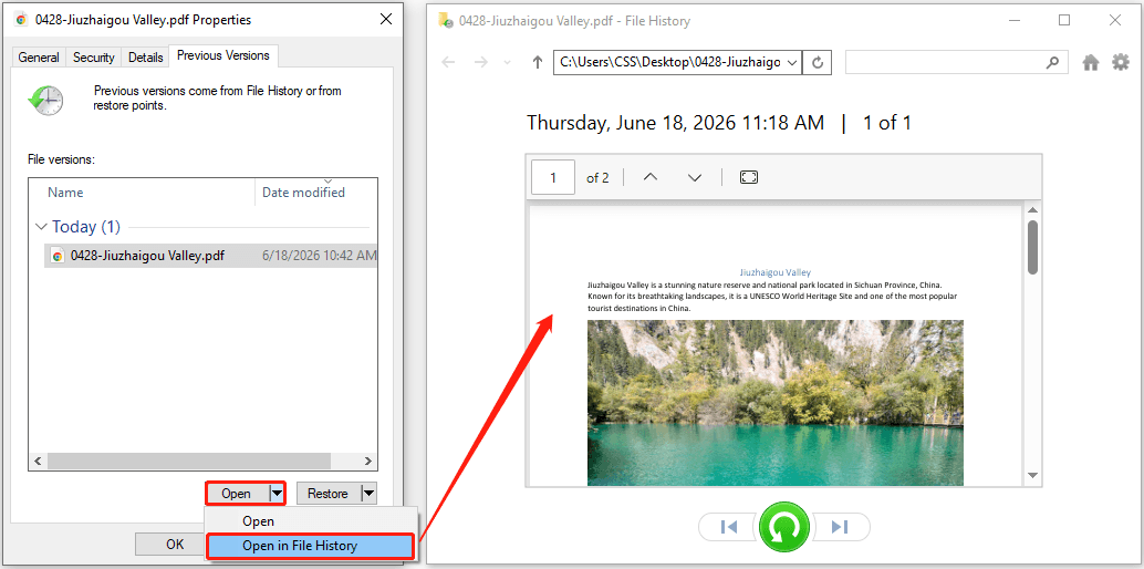 Restore Previous Versions window with a PDF file preview displayed.