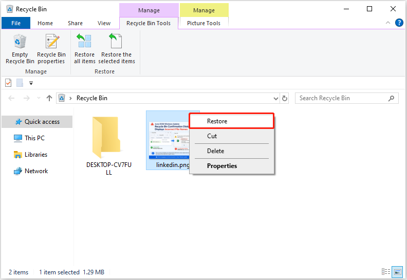 Recycle Bin interface showing a selected file ready to be restored.