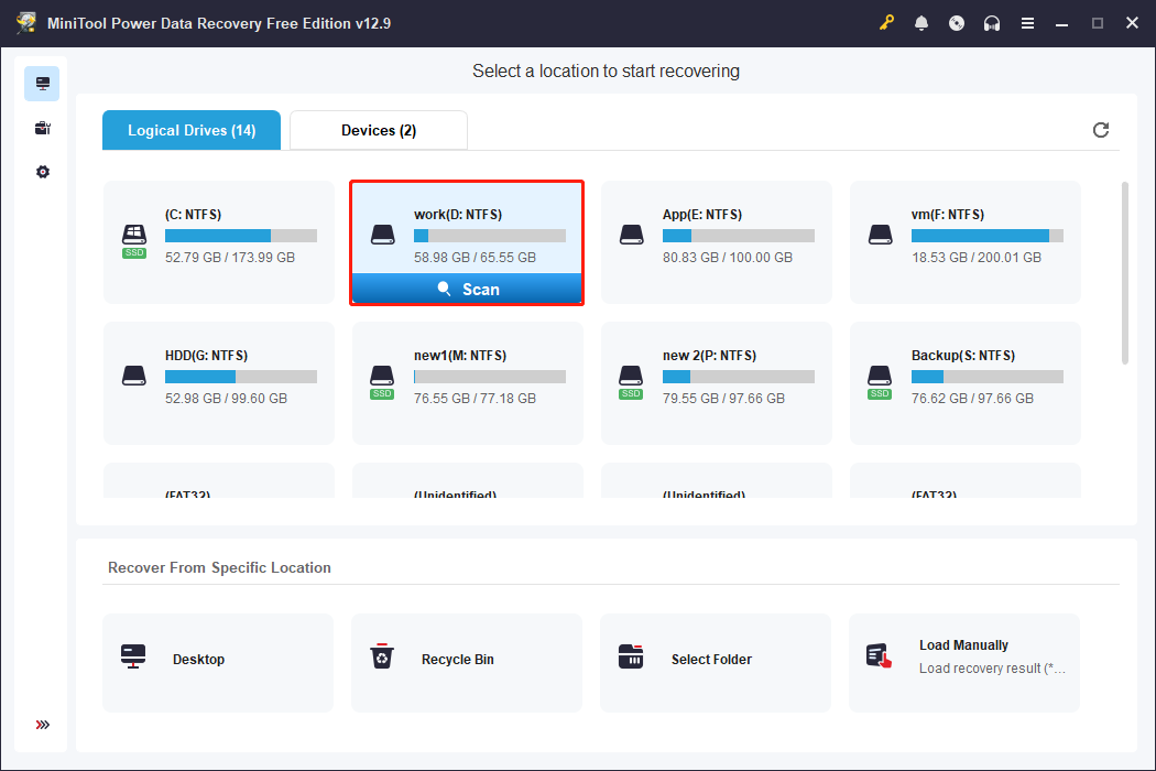 MiniTool Power Data Recovery main interface showing detected locations ready to be scanned.