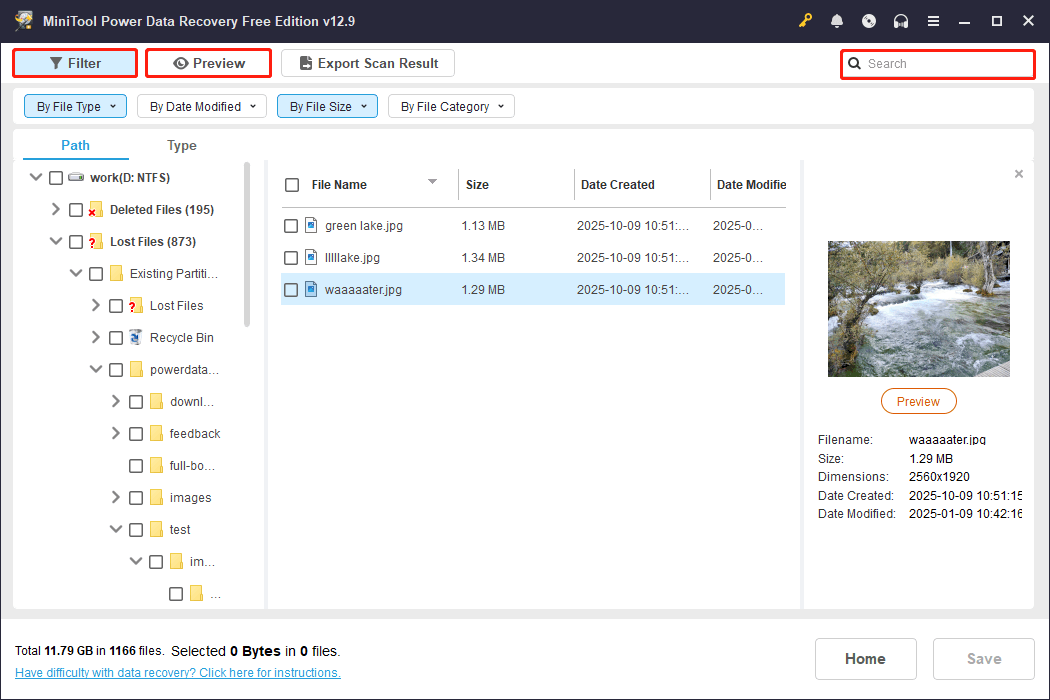 MiniTool Power Data Recovery scan results interface showing listed files and filtering and searching features.
