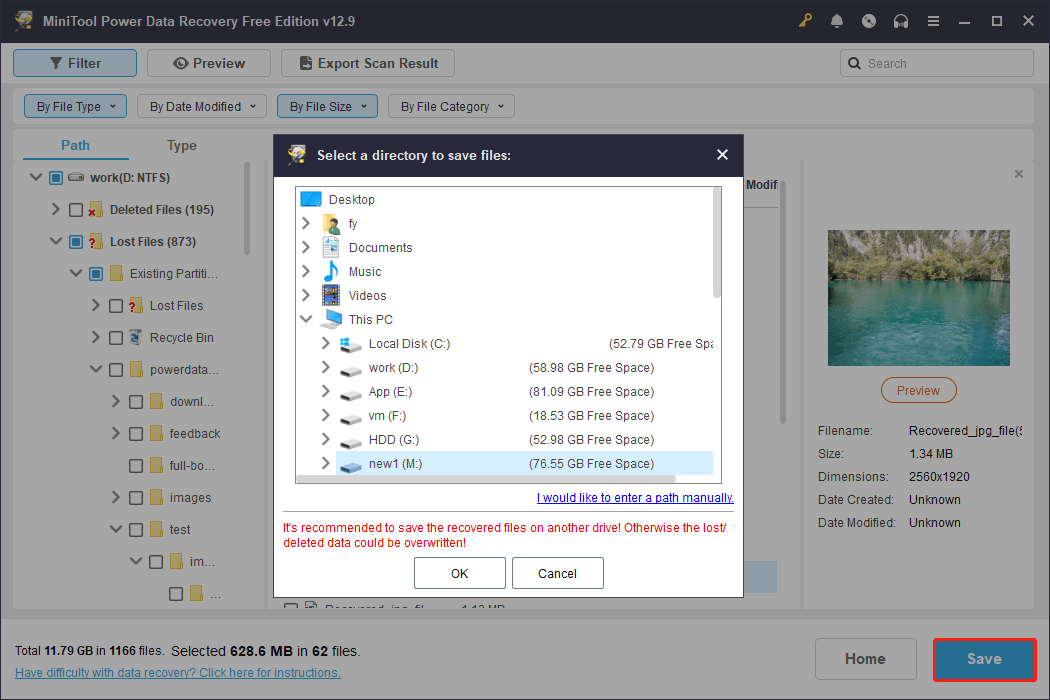 MiniTool Power Data Recovery file saving interface showing several storage locations.