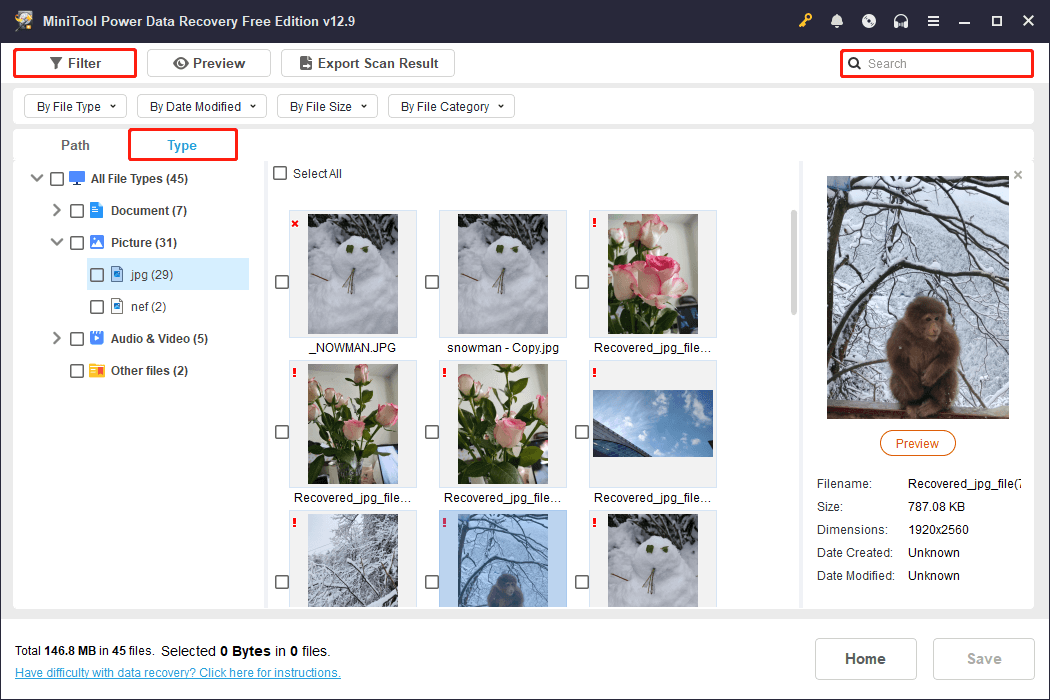MiniTool Power Data Recovery search results interface showing Filter and Search features.