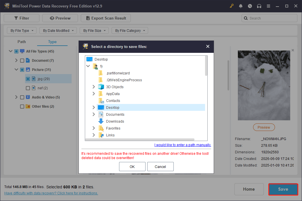 MiniTool Power Data Recovery file saving interface showing the storage locations.