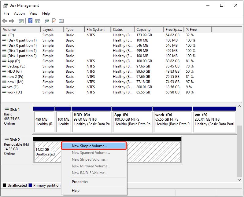 Disk Management showing the New Simple Volume option in the context menu.
