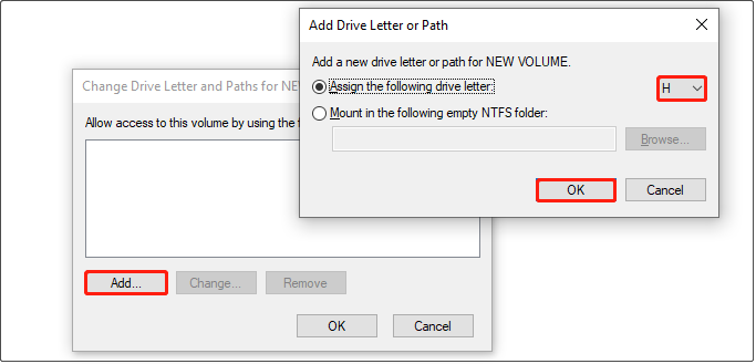 Change Drive Letter and Path interface showing how to add a new drive letter.