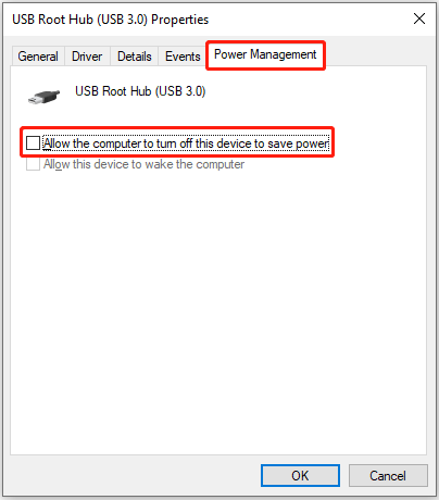 USB Root Hub properties window showing how to disable the power saving feature.