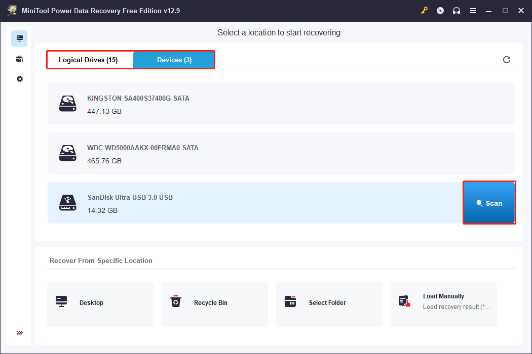 MiniTool Power Data Recovery interface shows a SanDisk USB drive ready to be scanned.