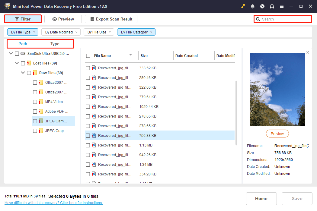 MiniTool Power Data Recovery interface showing the Path, Type, Filter, and Search tabs.