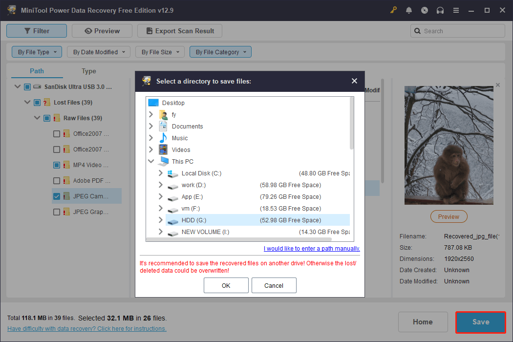 MiniTool Power Data Recovery file saving interface shows several available storage paths.