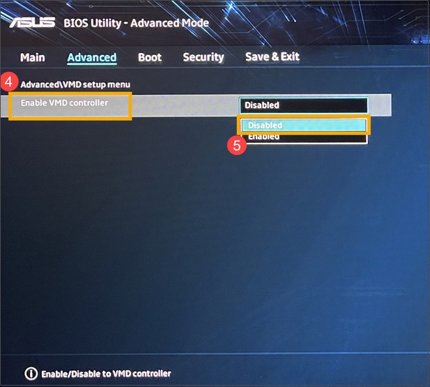 ASUS BIOS Utility Advanced Mode interface shows the Disabled and Enabled options for the Enable VMD controller feature. 