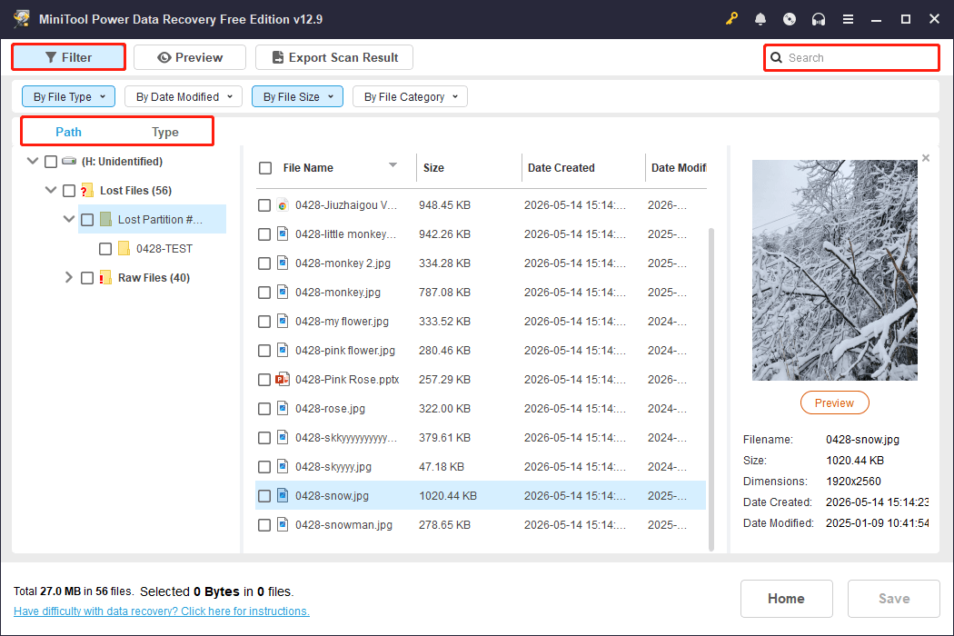 MiniTool Power Data Recovery interface shows the Path, Type, Filter, and Search features.