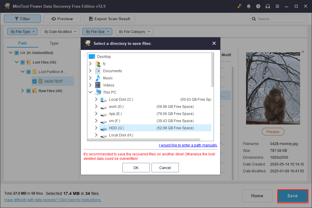 MiniTool Power Data Recovery interface shows the Save button and available storage paths.