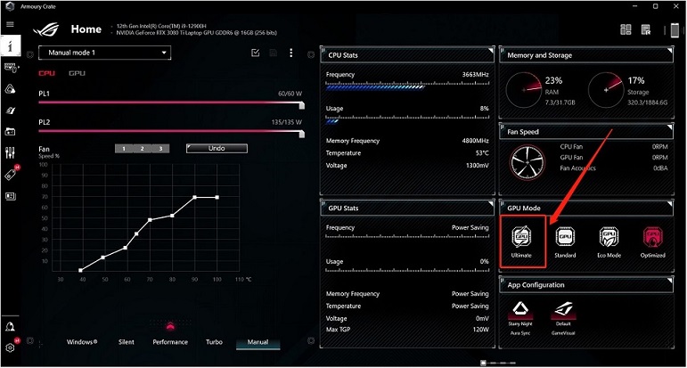 Armoury Crate interface shows computer performance settings, with the Ultimate GPU Mode highlighted.