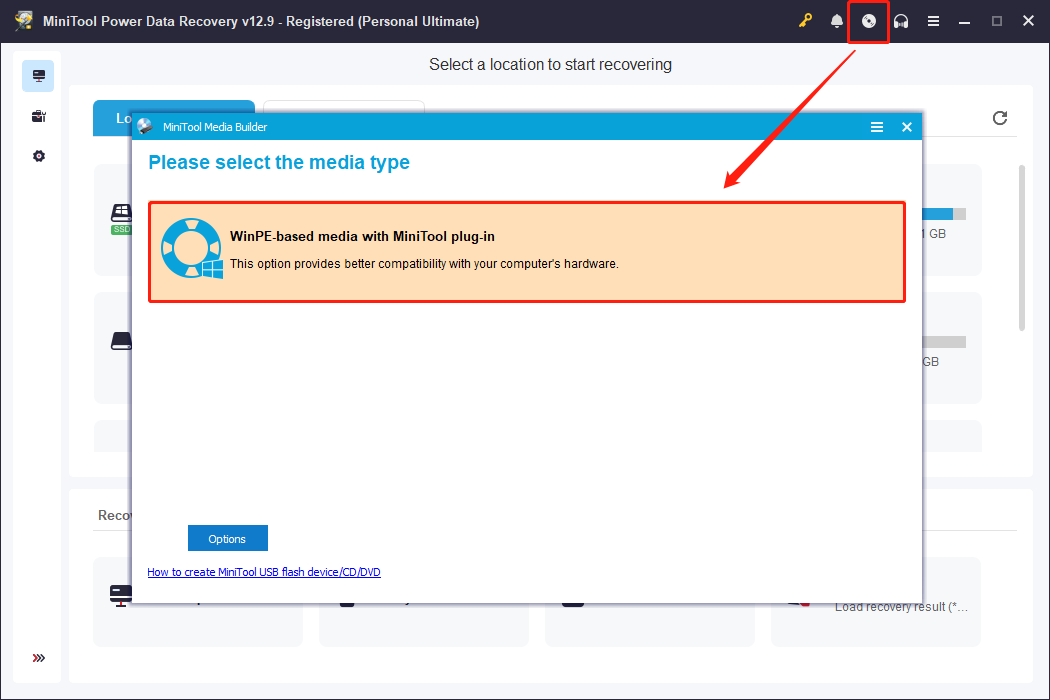 MiniTool Power Data Recovery main interface showing the Bootable Media Builder feature.