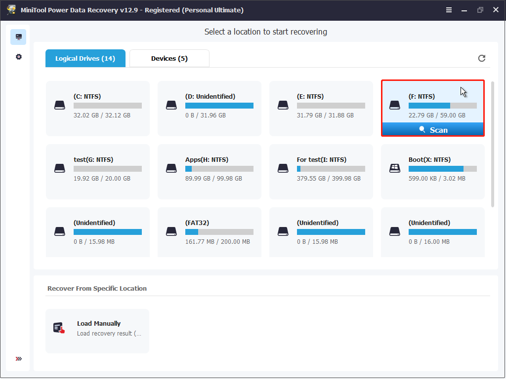 MiniTool Power Data Recovery main interface shows detected drives ready to be scanned.