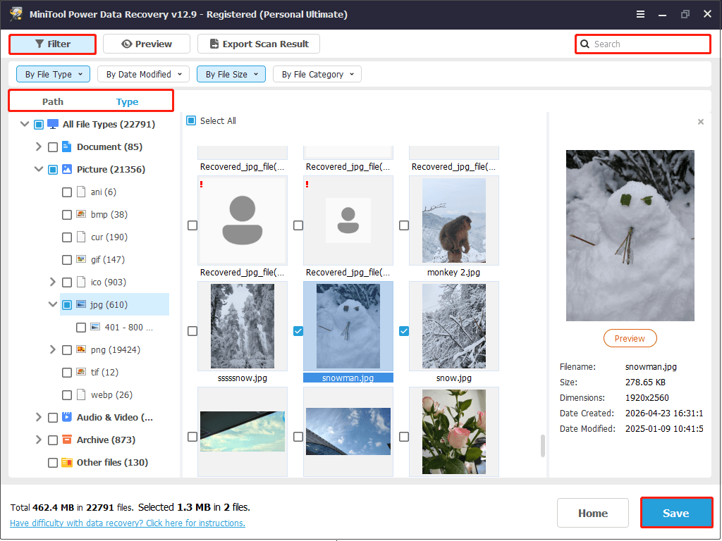 MiniTool Power Data Recovery scan results page shows the Path, Type, Filter, Search, and Save buttons.