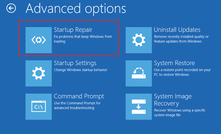 Advanced options interface with the Startup Repair option highlighted.
