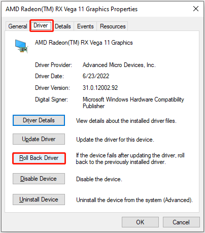 The graphics card properties window shows the Roll Back Driver option.