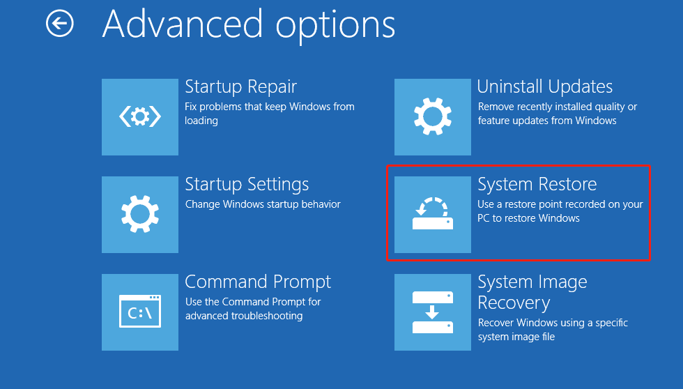 Advanced options interface shows the System Restore option.