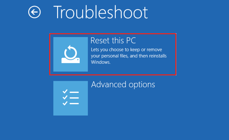 Troubleshoot interface shows the Reset this PC option.