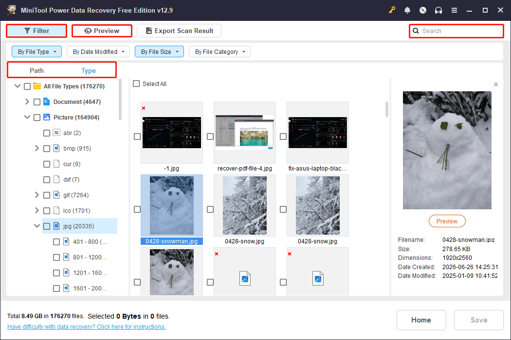 MiniTool Power Data Recovery scan results window highlighting the Path, Type, Filter, Search, and Preview features.