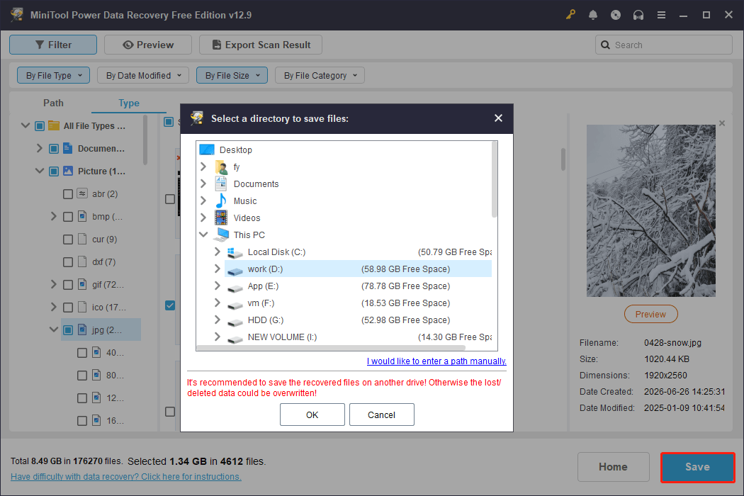 MiniTool Power Data Recovery file saving interface shows several storage paths.