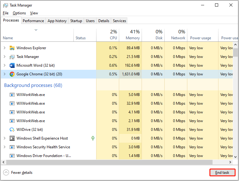 Task Manager interface shows running processes, with the End task button highlighted.
