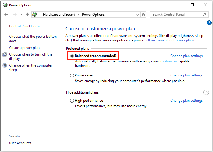 Power Options interface shows the Balanced power plan.