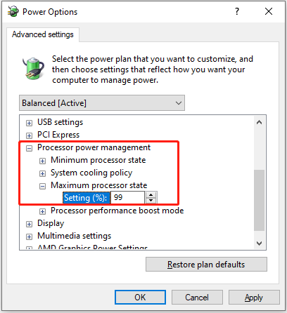 Power Options interface shows how to lower the maximum processor state to 99%.